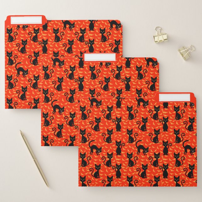 Spooky Black Cat Halloween Orange Bats File Folder (Set)