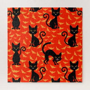 Spooky Black Cat Halloween Orange Bats Jigsaw Puzzle