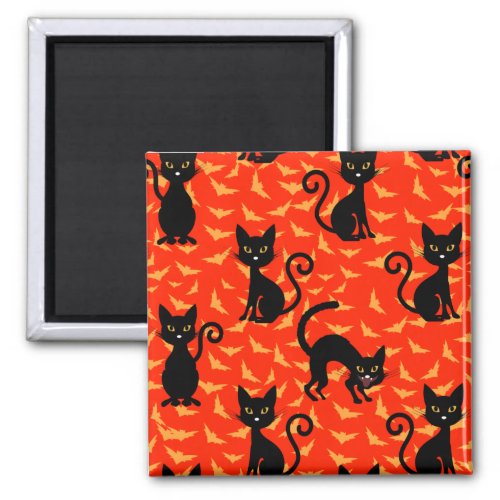 Spooky Black Cat Halloween Orange Bats Magnet
