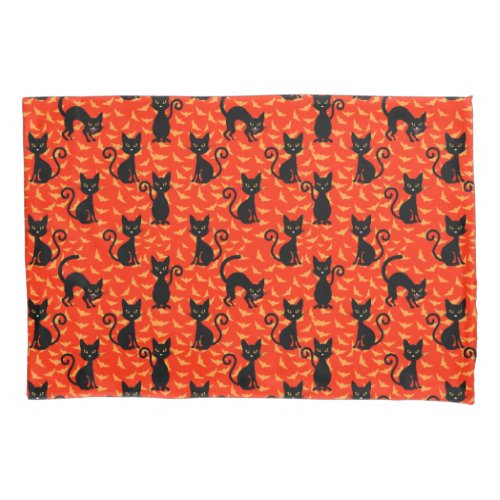 Spooky Black Cat Halloween Orange Bats Pillow Case