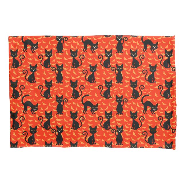 Spooky Black Cat Halloween Orange Bats Pillow Case (Front)