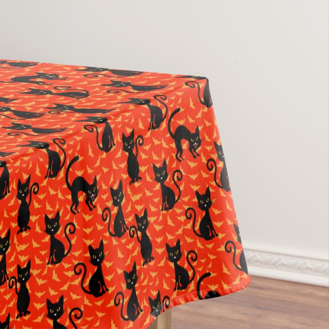 Spooky Black Cat Halloween Orange Bats Tablecloth (In Situ)