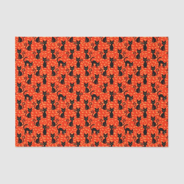 Spooky Black Cat Halloween Orange Bats Tissue Paper (Front)