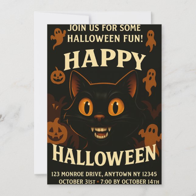 Spooky Black Cat Halloween Party Invitation (Front)