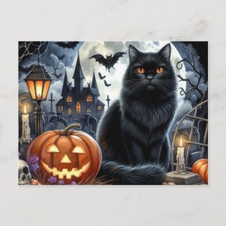 Spooky Black Cat Halloween Postcard