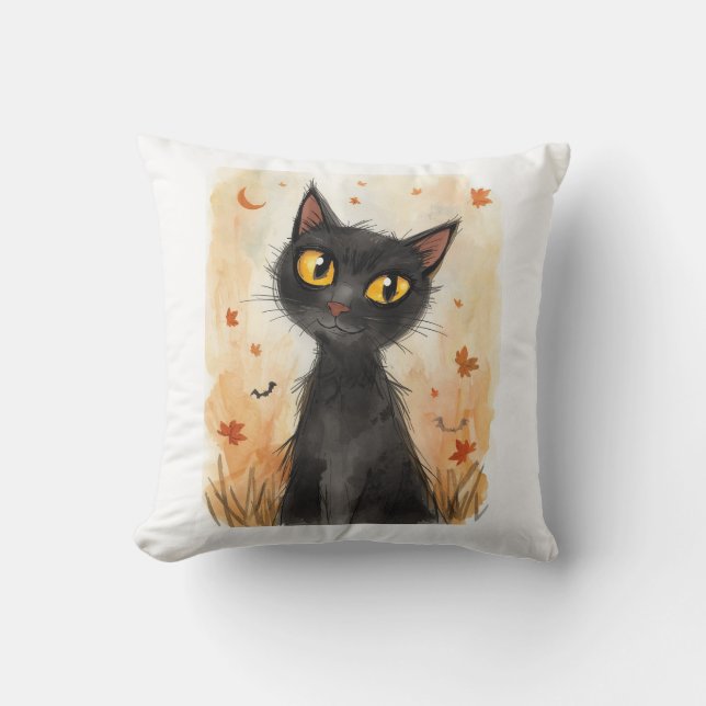 Spooky Black Cat Halloween Throw Pillow. Pillow (Front)