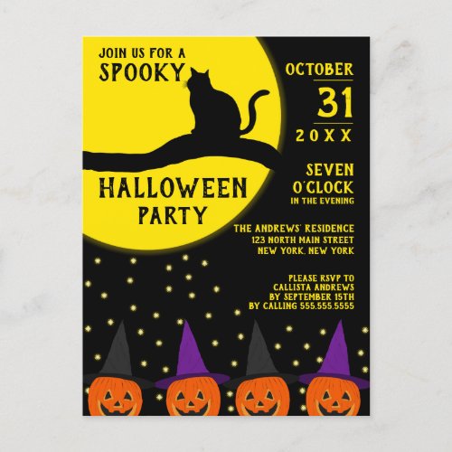 Spooky Black Cat Jack Olantern Halloween Party Invitation Postcard