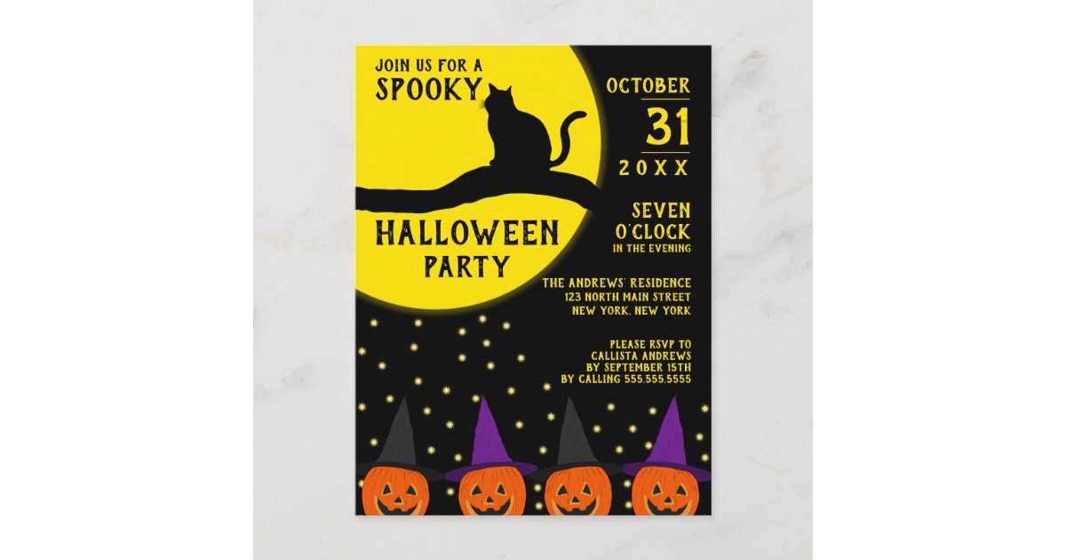 Spooky Black Cat Jack O'lantern Halloween Party Invitation Postcard ...