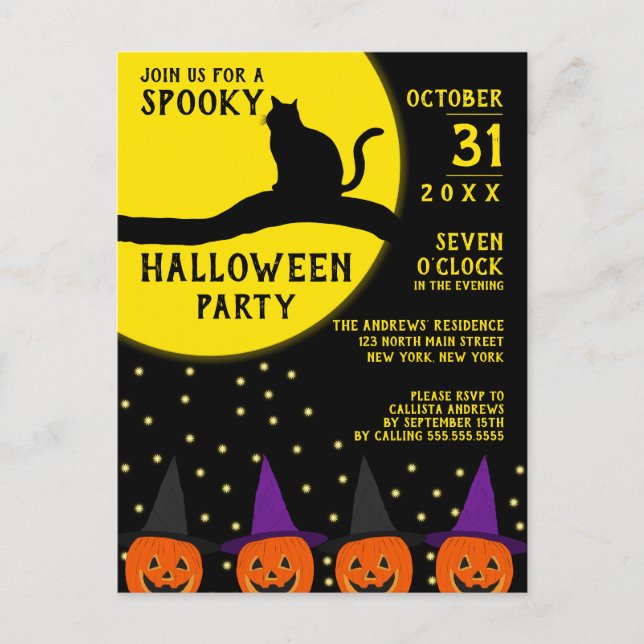 Spooky Black Cat Jack O'lantern Halloween Party Invitation Postcard (Front)