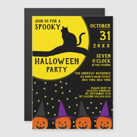 Spooky Black Cat Jack O'lantern Halloween Party Magnetic Invitatio