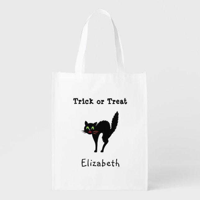 Spooky Black Cat Kids Personalized Halloween Candy Grocery Bag (Front)