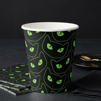 Spooky Black Cat Neon Green Eyes Halloween Paper Cups