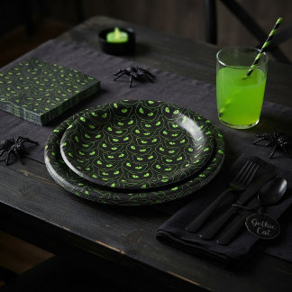 Spooky Black Cat Neon Green Eyes Halloween Paper Plates