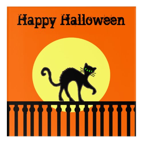 Spooky Black Cat on Fence Art With Full Moon