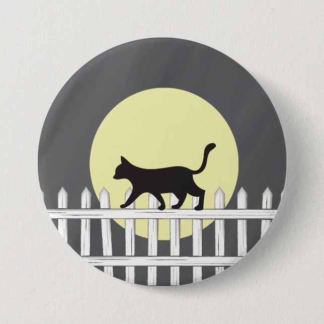 Spooky Black Cat on Picket Fence Button (Front)