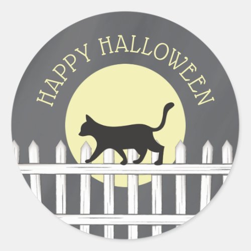 Spooky Black Cat on Picket Fence  Classic Round Sticker