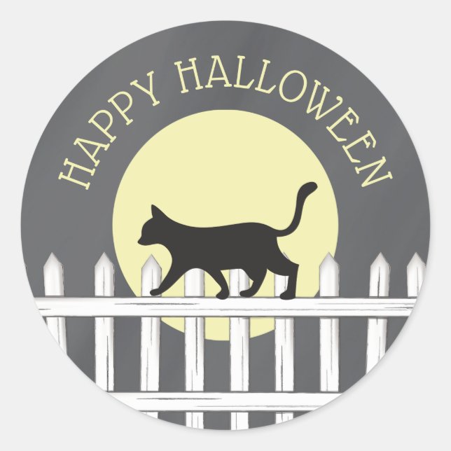 Spooky Black Cat on Picket Fence  Classic Round Sticker (Front)