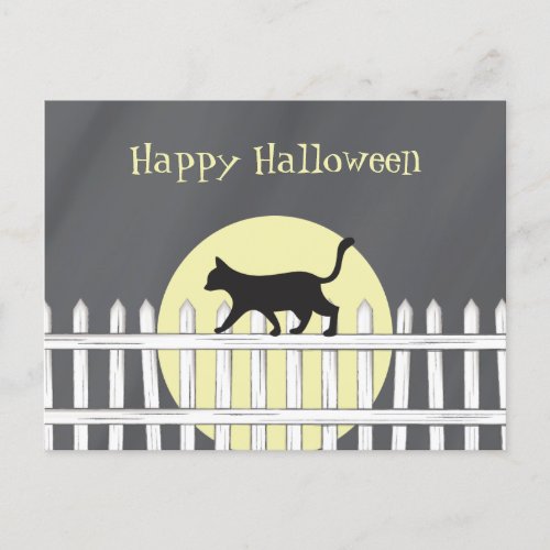 Spooky Black Cat on Picket Fence Postcard