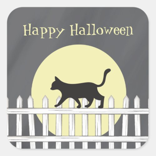 Spooky Black Cat on Picket Fence Square Sticker