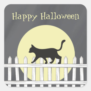 Spooky Black Cat on Picket Fence Square Sticker