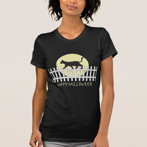 Spooky Black Cat on Picket Fence T_Shirt