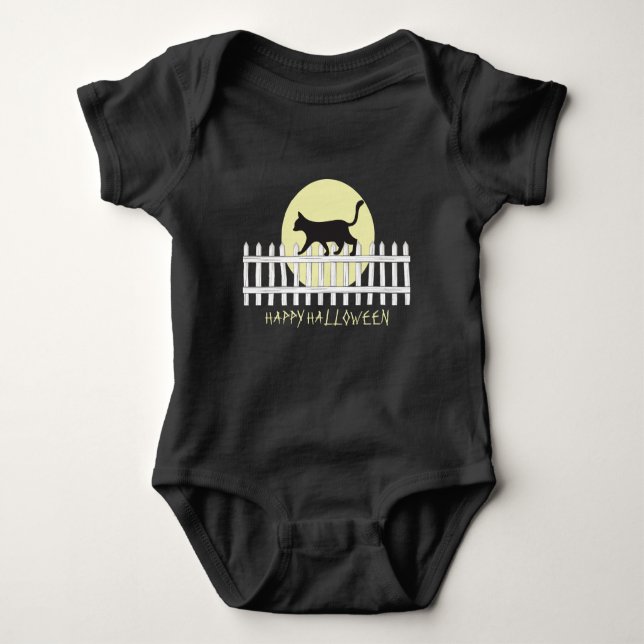 Spooky Black Cat on Picket Fence T-Shirt Baby Bodysuit (Front)