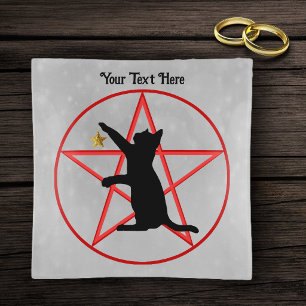 Spooky Black Cat on Red Pentagram in Circle Grey Trinket Tray