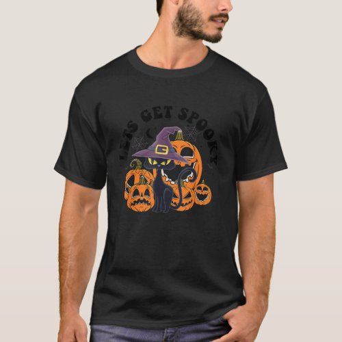 Spooky Black Cat Pumpkin Lets Get Retro Halloween  T_Shirt