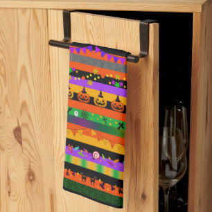 Spooky Black Cat, Pumpkin Stripes Halloween Kitchen Towel