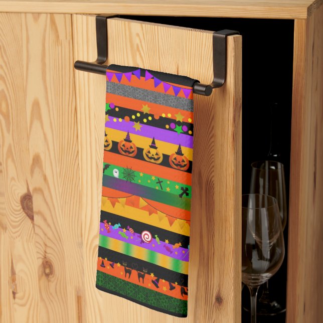 Spooky Black Cat, Pumpkin Stripes Halloween Kitchen Towel (Thirds Fold)