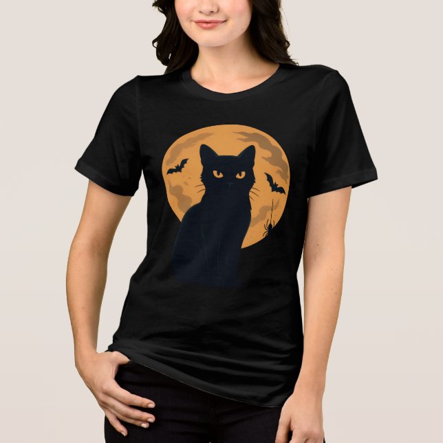 Spooky Black Cat Silhouette Halloween Gothic Cat  Tri-Blend Shirt (Front)