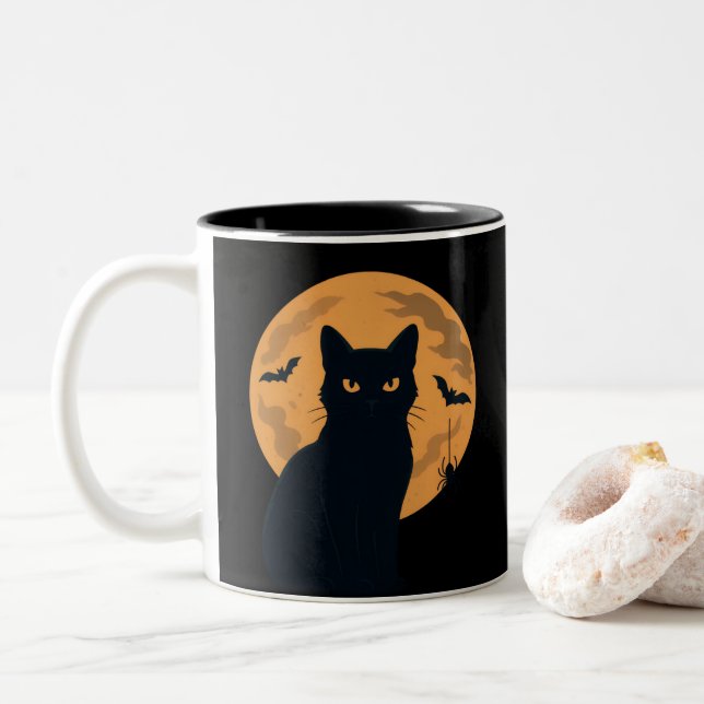Spooky Black Cat Silhouette Halloween Gothic Cat  Two-Tone Coffee Mug (With Donut)