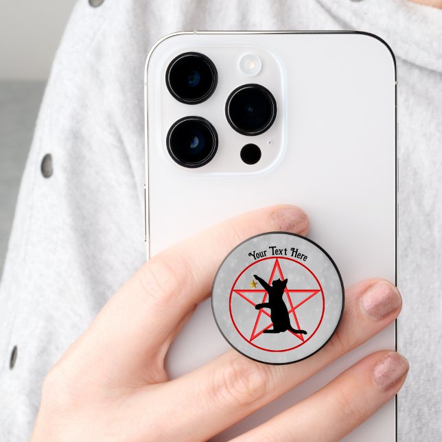 Spooky black Cat Silhouette Red Pentagram Grey PopSocket (Black cat silhouette holding gold star on red pentagram in circle on light grey PopSocket grip.)