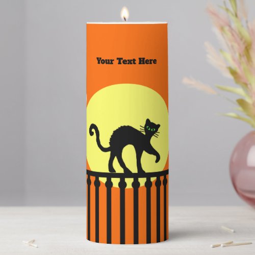 Spooky Black Cat Top of Fence Moon Bright Orange Pillar Candle