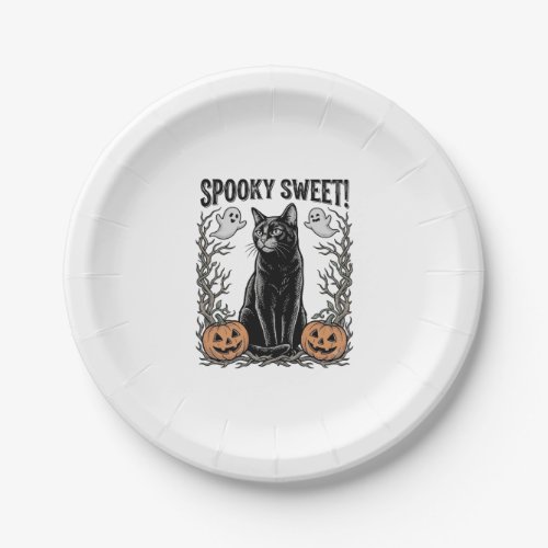 Spooky Black Cat Vintage Halloween Engraving Shirt Paper Plates