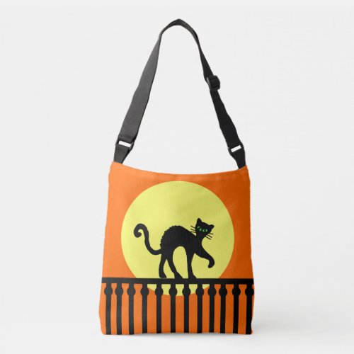 Spooky Black Cat Walking on Fence Moon Orange Crossbody Bag