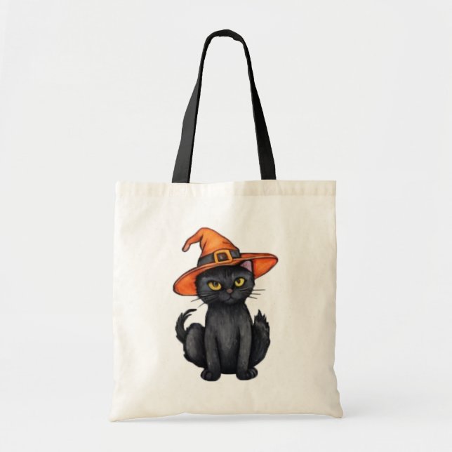 Spooky black cat wearing witch's hat Halloween     Tote Bag (Front)