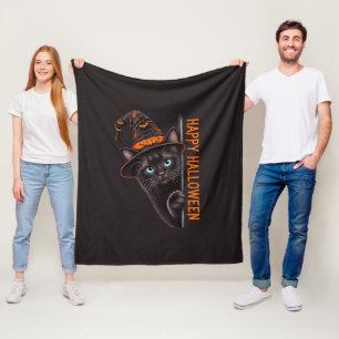 Spooky Black Cat Witch Hat Halloween Fleece Blanket