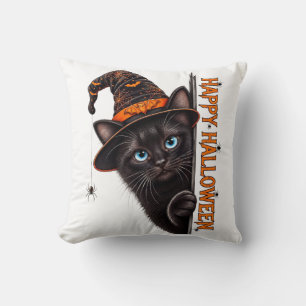 Spooky Black Cat Witch Hat Halloween Throw Pillow