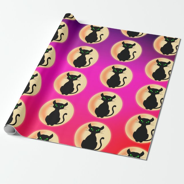 Spooky Black cat with green eyes pattern Wrapping Paper (Unrolled)