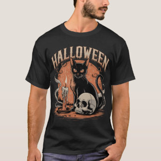 Spooky Black Cat with Skull & Candles T-Shirt
