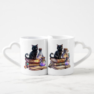 SPOOKY BLACK CAT WITH WITCHES BREWS & POTION BOOKS COFFEE MUG SET