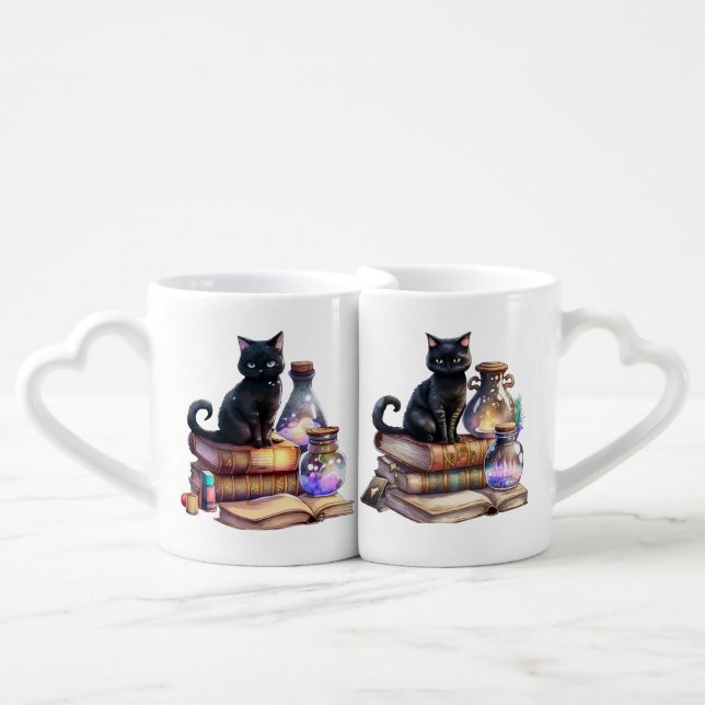 SPOOKY BLACK CAT WITH WITCHES BREWS & POTION BOOKS COFFEE MUG SET (Front Nesting)