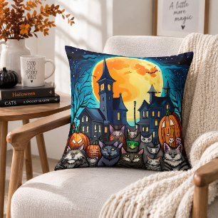 Spooky Black Cats Haunted Village Halloween Night Throw Pillow