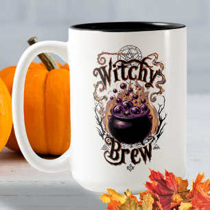 Spooky Black Cauldron Halloween Witches Brew Two-Tone Coffee Mug