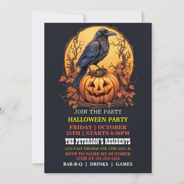 Spooky Black Crow Halloween Party Invitations (Front)