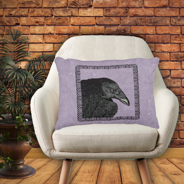 Spooky Black Crow Raven Face Accent Pillow (Head of black crow in black ornate frame on marbled purple home decor pillow.)