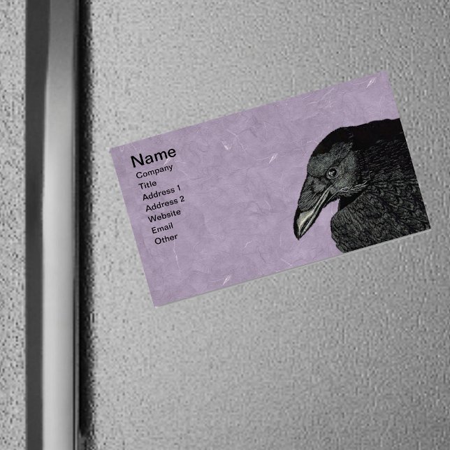 Spooky Black Crow Raven Face Business Card Magnet (black crow head face on marbled purple magnetic business card.)