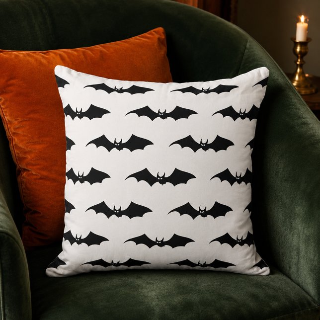 Spooky Black Flying Bats Pattern White Throw Pillow (Creator Uploaded)