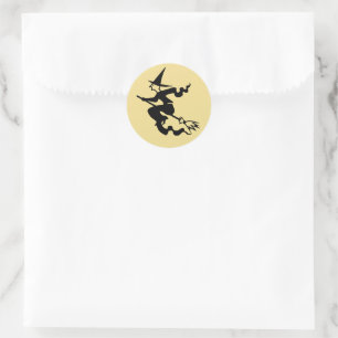 Spooky Black Flying Witch Faux Gold Halloween Kids Classic Round Sticker